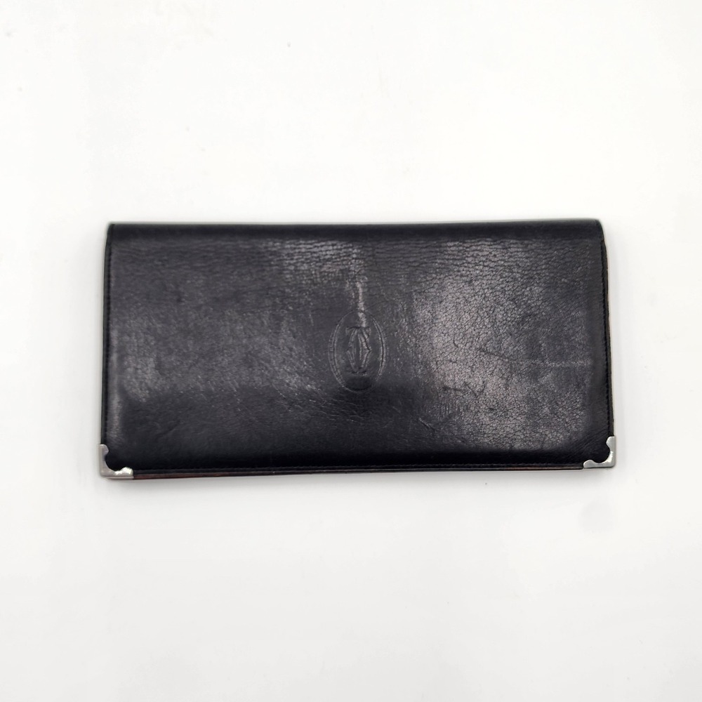 Authentic Vintage Cartier Paris Long Wallet Black Leather‎ Burgundy Interior
